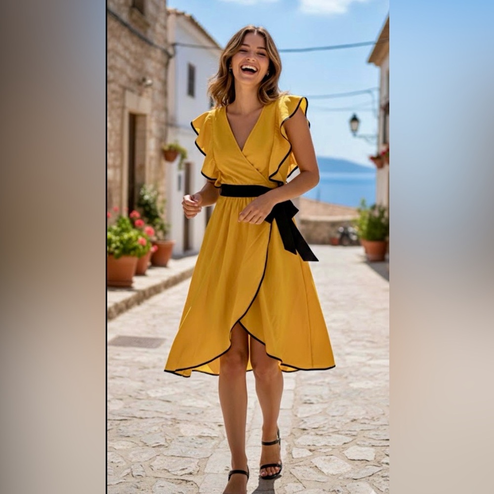 The Clothing Company Asymmetrical Yellow Dress with Black Accents